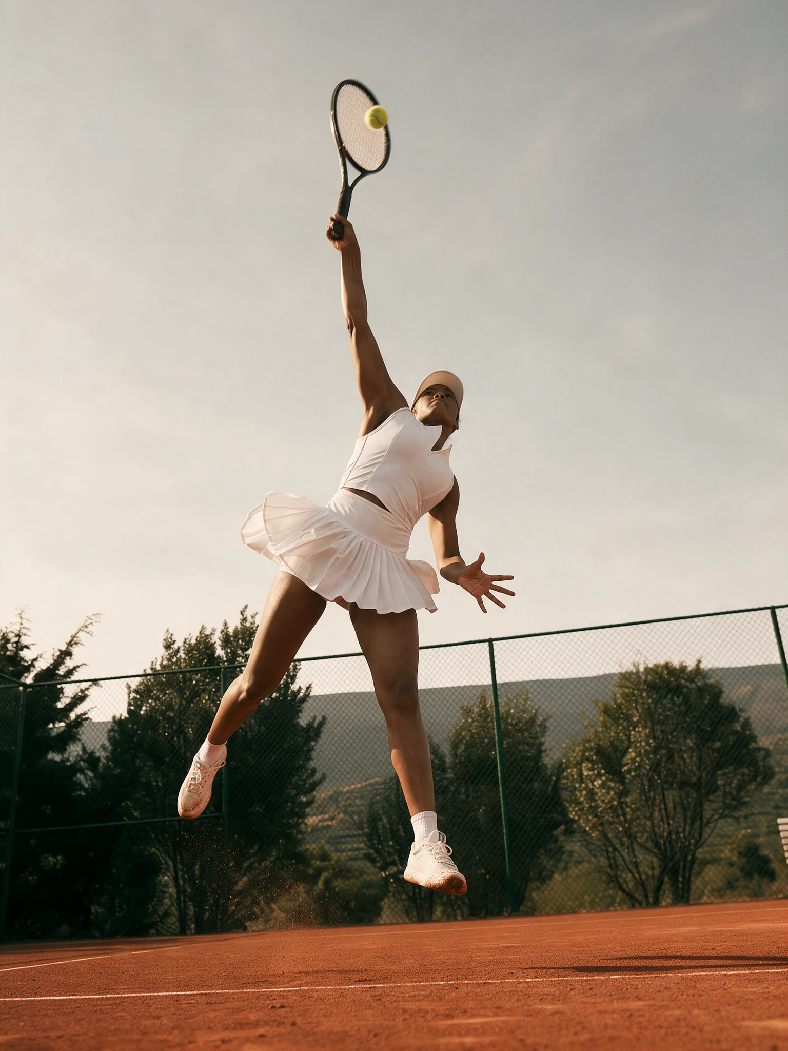 Tennis player in white dress leaps to hit a ball on an outdoor court.