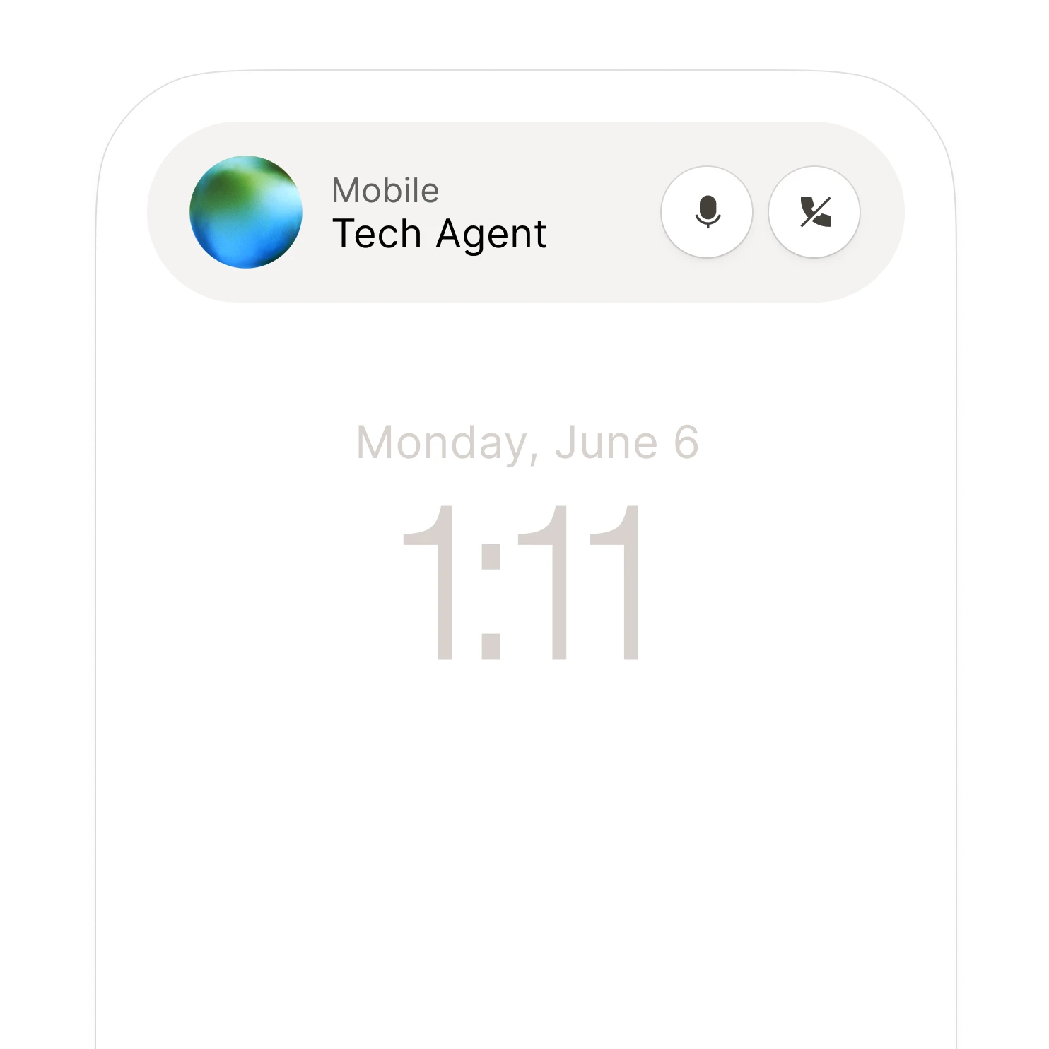 Phone call screen showing "Tech Agent" call in progress on June 6 at 1:11.