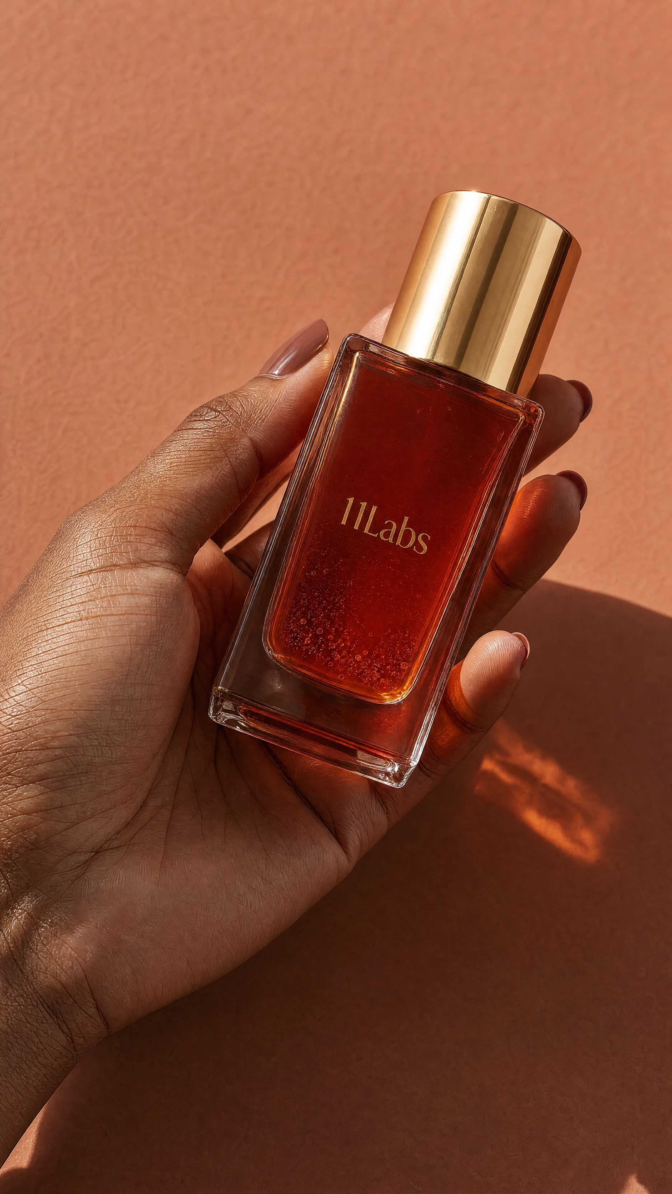 Hand holding a rectangular amber perfume bottle labeled “11Labs.”