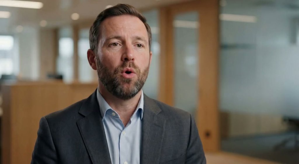 The overall mood of the video is calm and professional, with a bright and well-lit atmosphere. The setting is indoors, likely an office or corporate environment, indicated by the blurred background showing modern office furniture and glass partitions. The activity level is static, focusing on a single subject speaking directly to the camera. The visual style is realistic and modern, with a clear and crisp aesthetic. The emotional tone is informative and serious. The subject of the video is a middle-aged man with a beard, wearing a grey suit jacket and a light blue collared shirt. There are no other prominent objects or characters. The artistic style is photorealistic. The color characteristics feature cool tones with a neutral palette of blues, grays, and natural wood browns in the background.